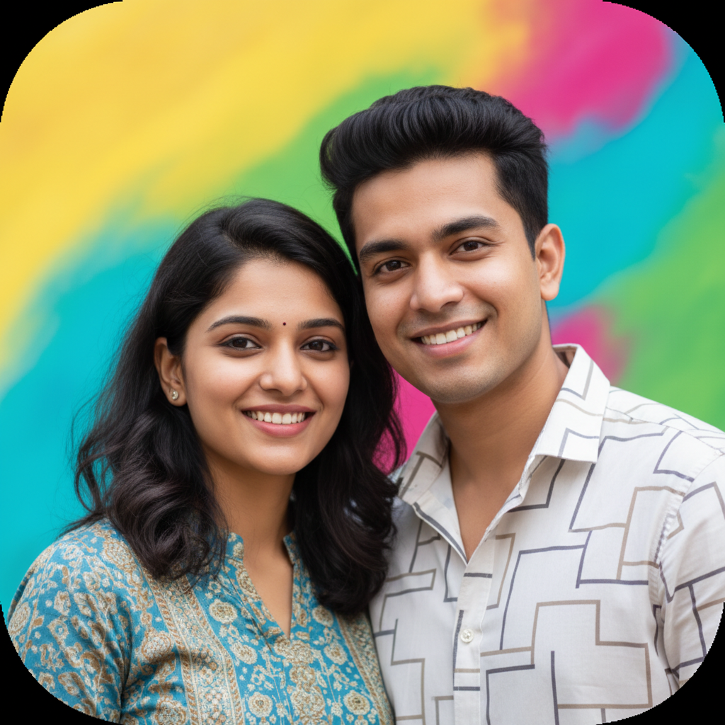 Парочка индийского происхождения, в стиле аватарки для Facebook. Дружелюбный, современный портрет, яркая и чистая цветовая палитра, квадратная композиция.