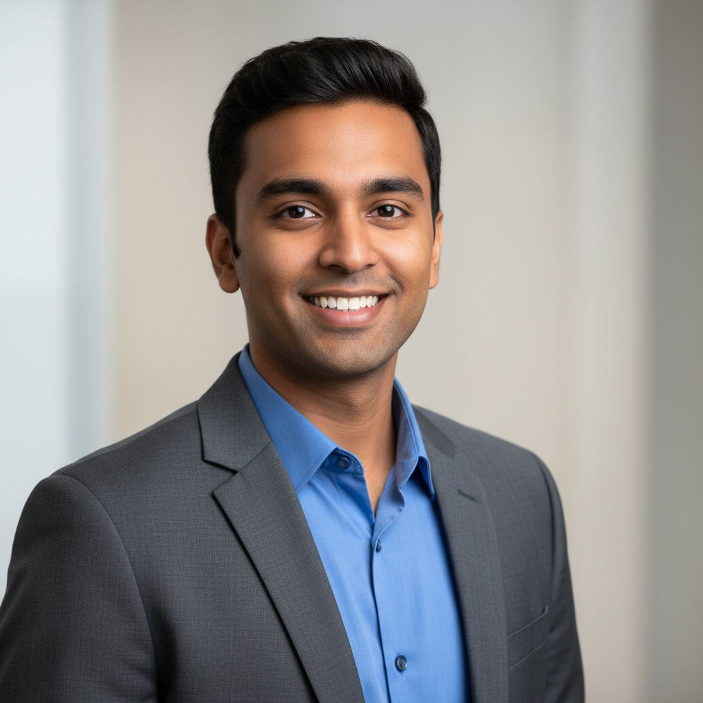 Молодой мужчина индийского происхождения, 30 лет, фото как в соцсетях (аватарка для Facebook или LinkedIn), стиль современный, естественная улыбка, нейтральный фон
