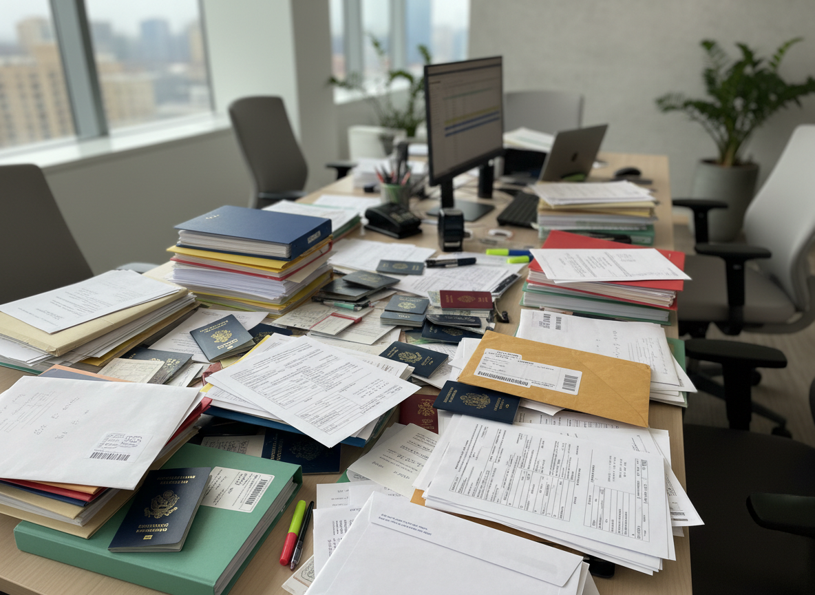 Realistic photo of a busy office desk covered with many visa application documents, passports, forms, envelopes, and folders related to visa submission, in a bright modern office environment.